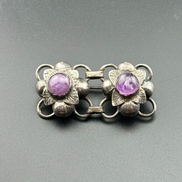 Unique Vintage Sterling Silver Flower Floral Links Amethyst Brooch Pin Mexico 2" - Picture 2 of 14